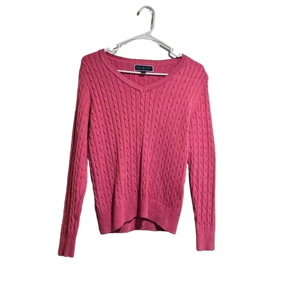 Women's Cable Knit V-Neck Sweater - Vibrant Pink, Size xs - Picture 3 of 13
